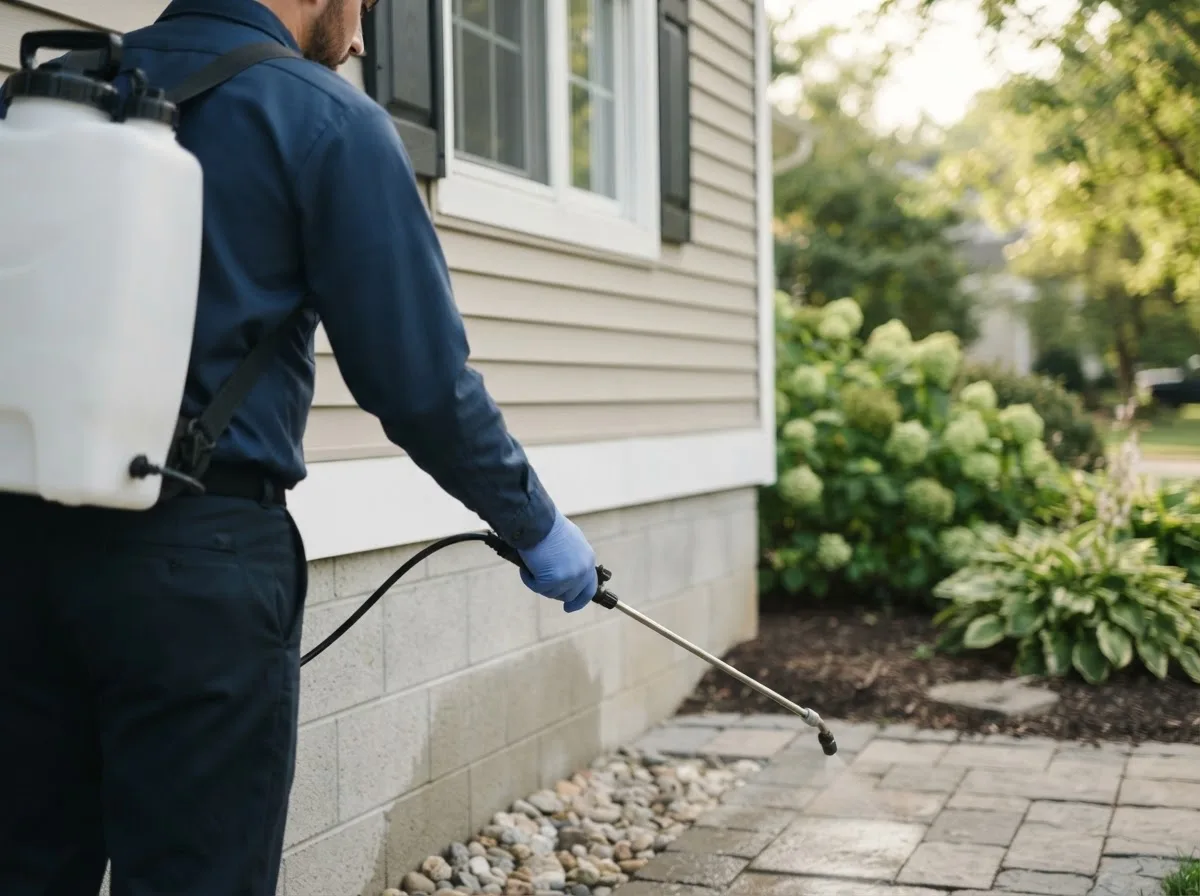 Pest control technician inspecting a home in Steward, IL